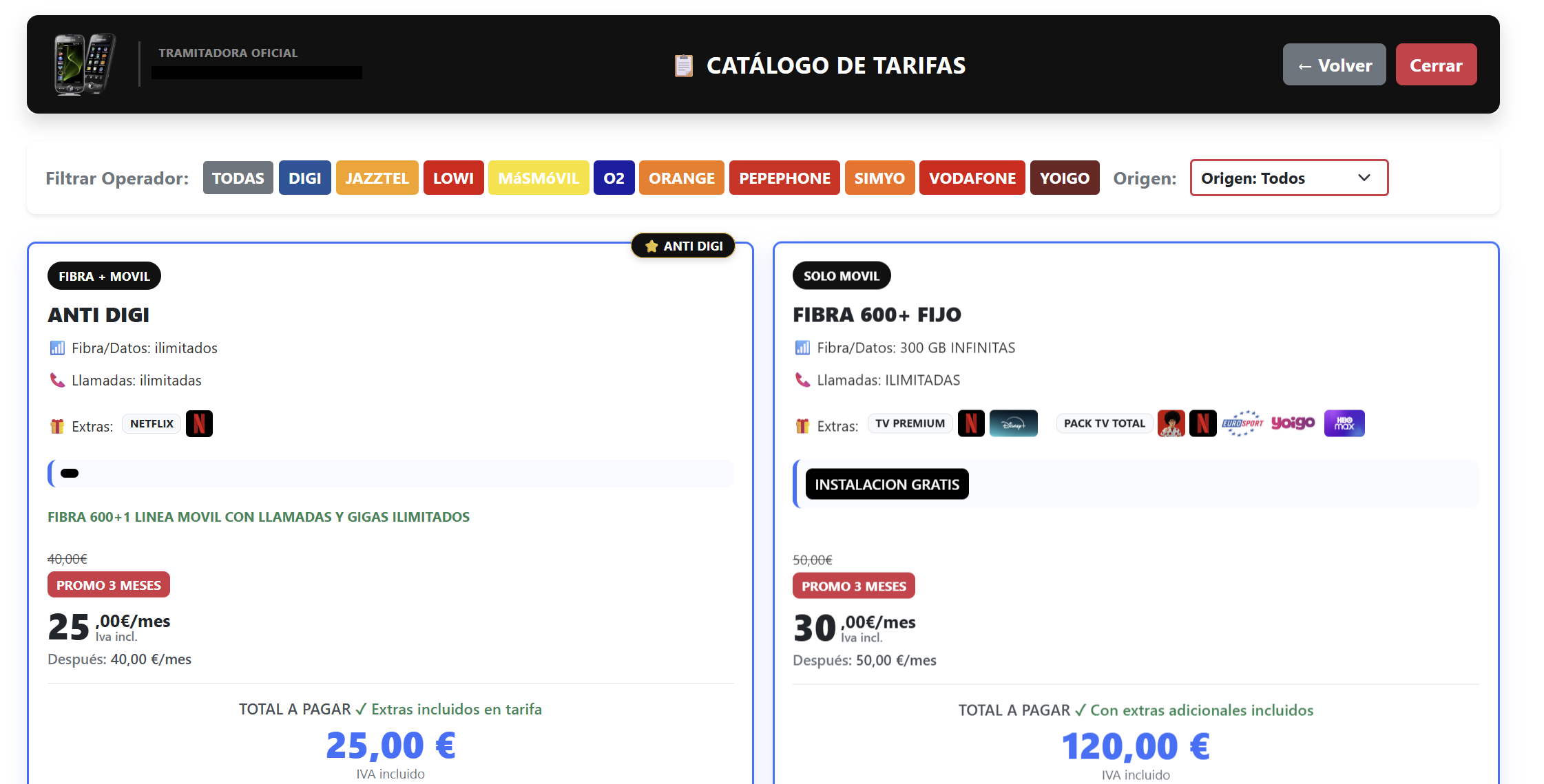 Catálogo comercial de tarifas y operadores